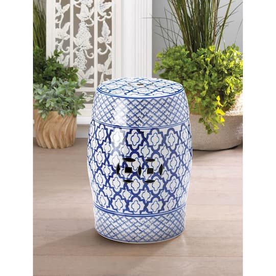 16.25" Blue & White Ceramic Decorative Stool